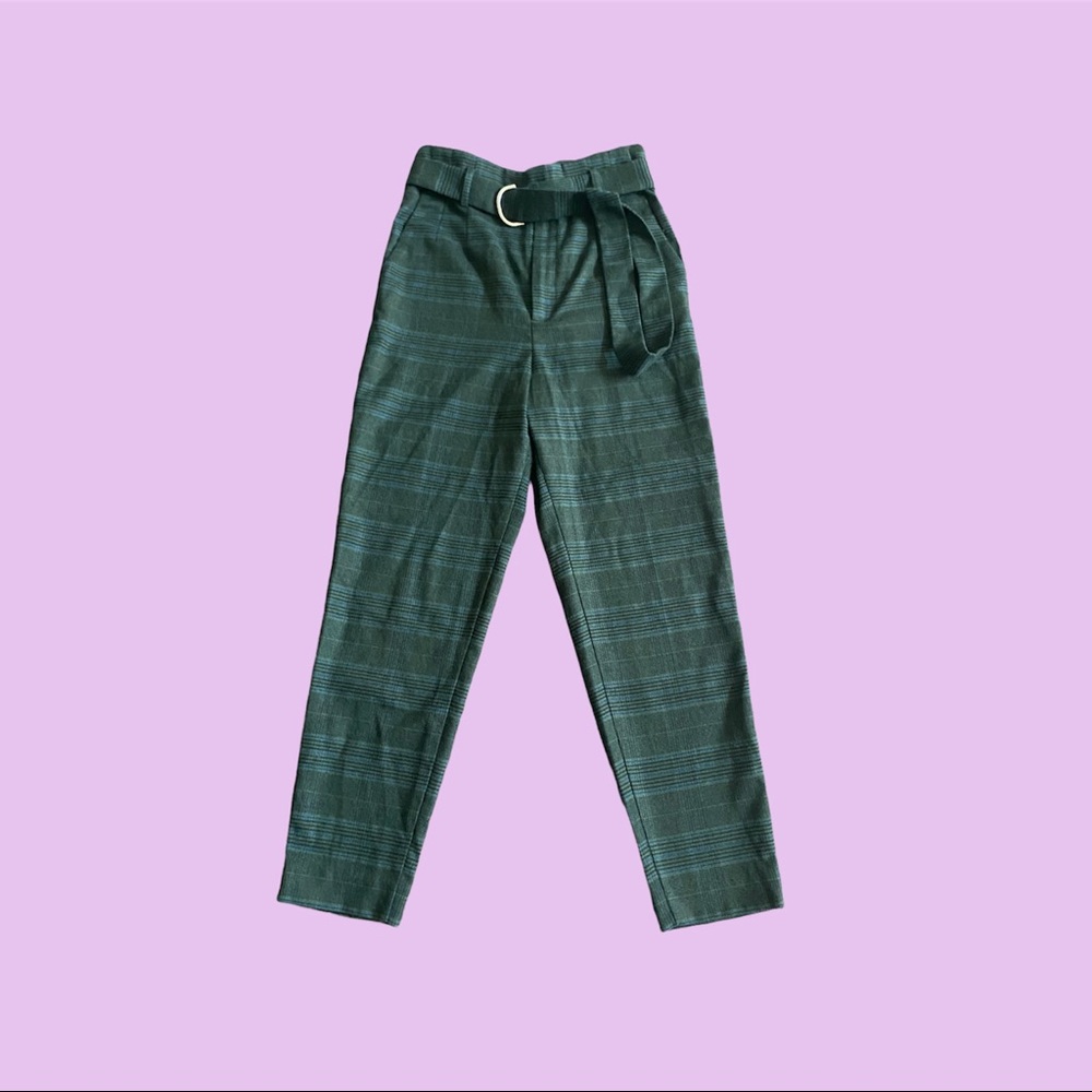 peacebird brand retro high-rise army green plaid straight leg pants
